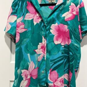 Tropical Floral Button-Up Shirt - Teal and Pink